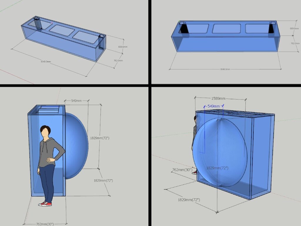 Four blue 3D drawings of custom aquarium designs with dimensions.