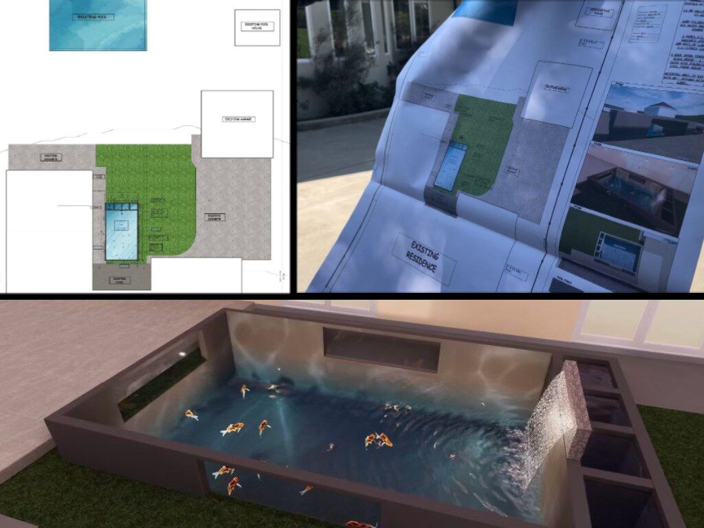 Pond design drawings: a site plan, printed plan sheets held up outdoors, and a 3D render of a koi pond.