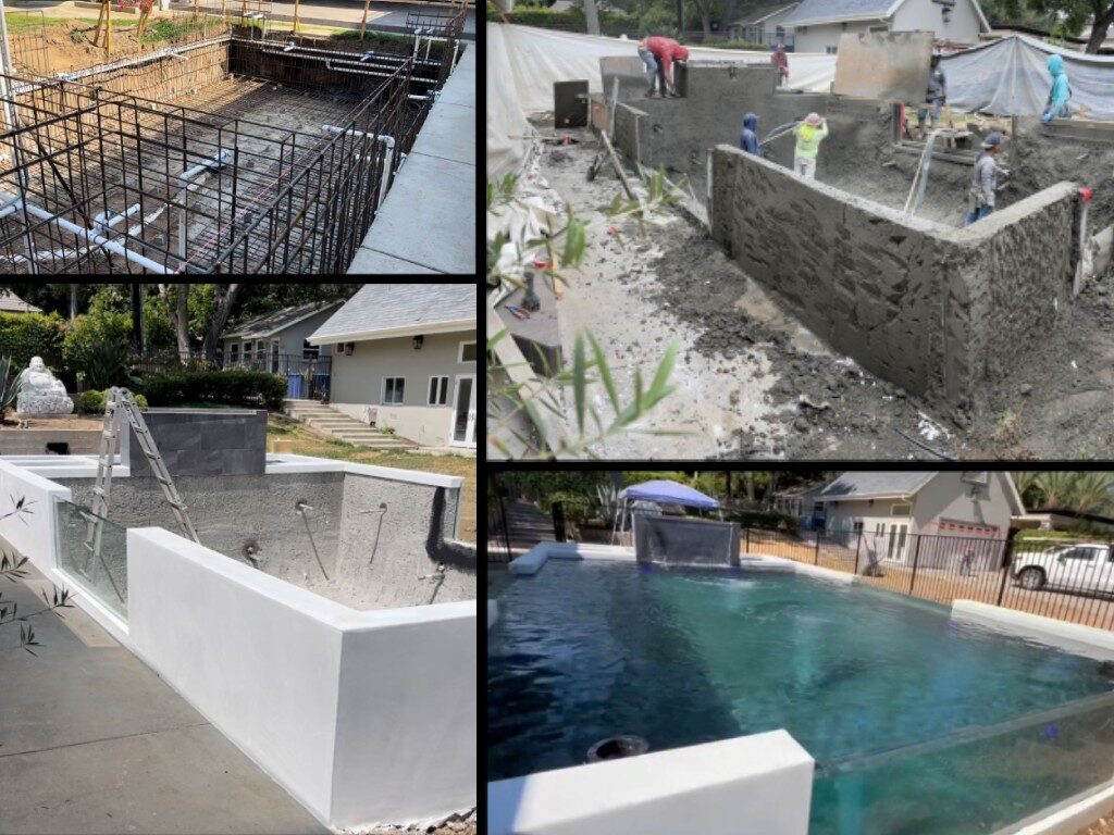 A pond being built: steel rebar, workers rendering concrete walls, finished white walls, and the filled pond with a clear panel along one side.