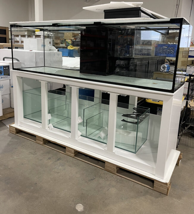 A large glass aquarium on a white stand with glass sump tanks, sitting on a wooden pallet.