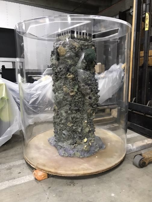 After: the same cylindrical tank, clear enough to see the rock column inside.