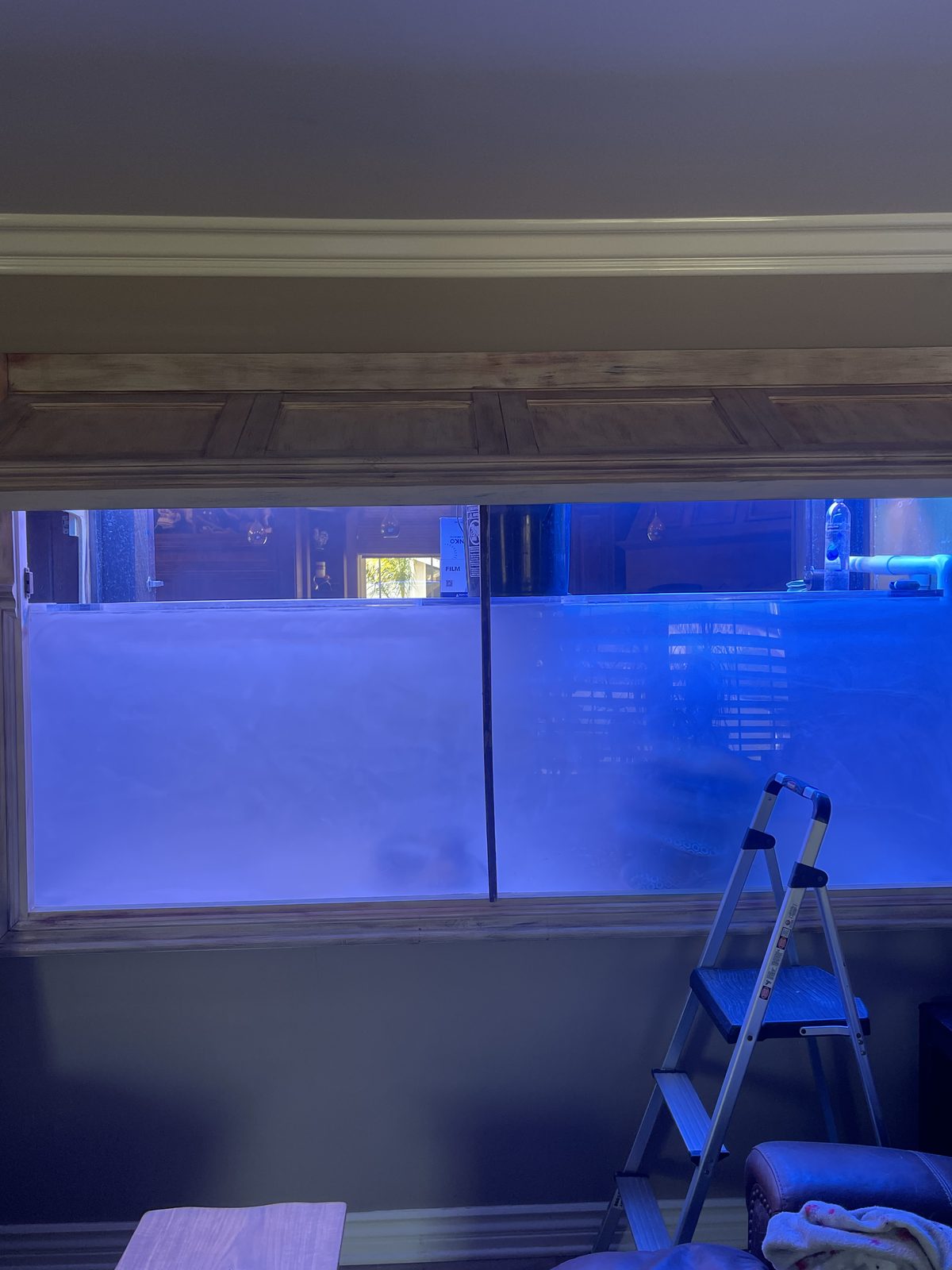 Before: the other side of the in-wall aquarium, both panels clouded white.