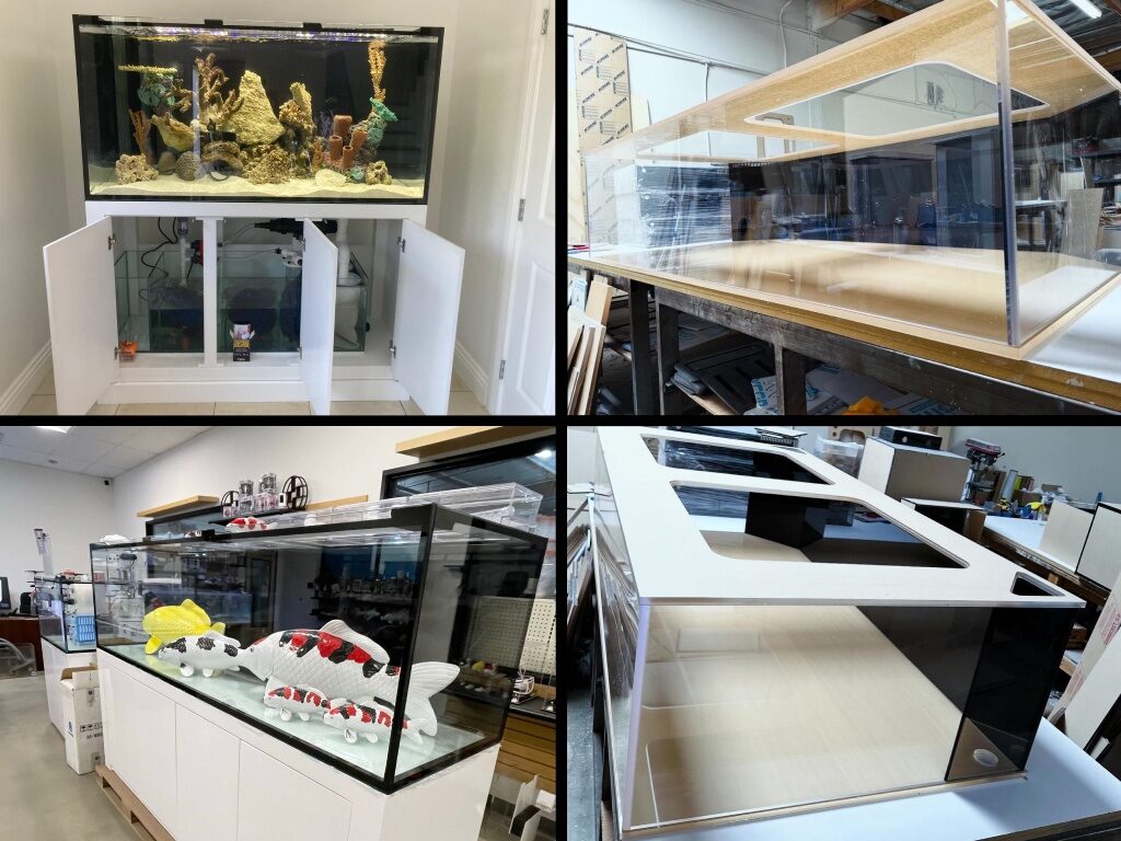 A collage of glass and acrylic aquariums with white stands.