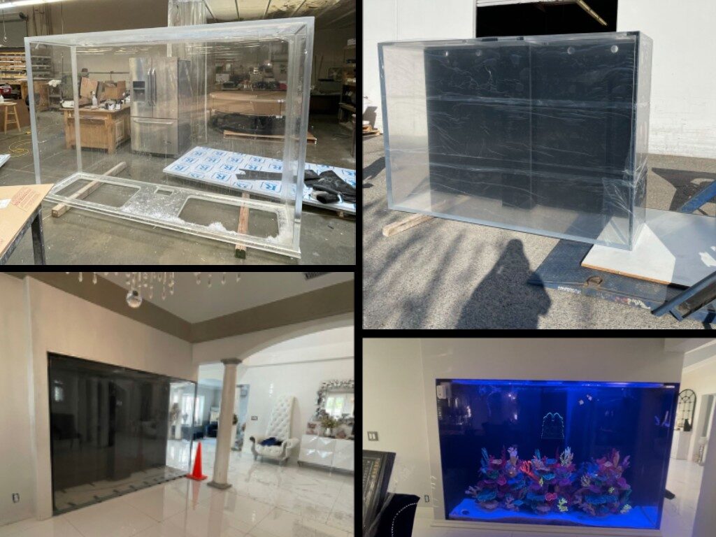 A collage of clear acrylic aquariums, one lit blue with coral.